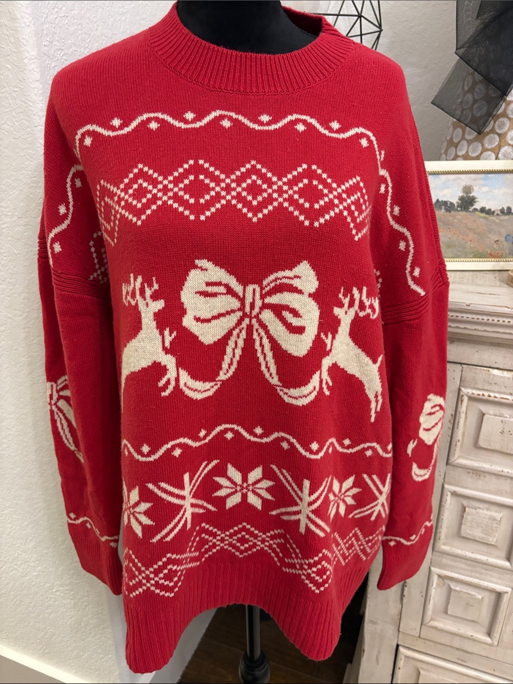 Maeve Red Crewneck Holiday Reindeer Sweater with Ivory Accents